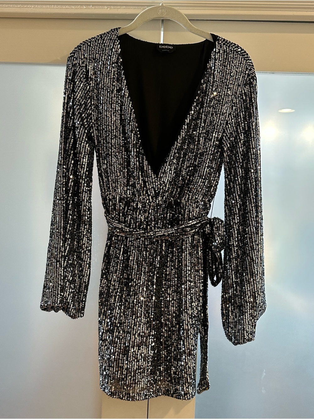 bebe Black Top with Silver Sequin Trim